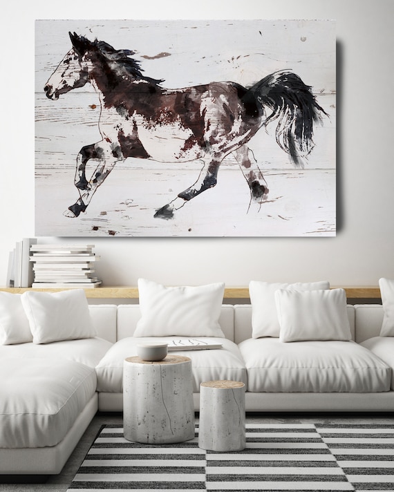 Horse Painting Brown White Minimalist Horse Wall Art, Jumping Brown Horse, Horse Painting, Horse Race, Horse Canvas Print, Farmhouse Art