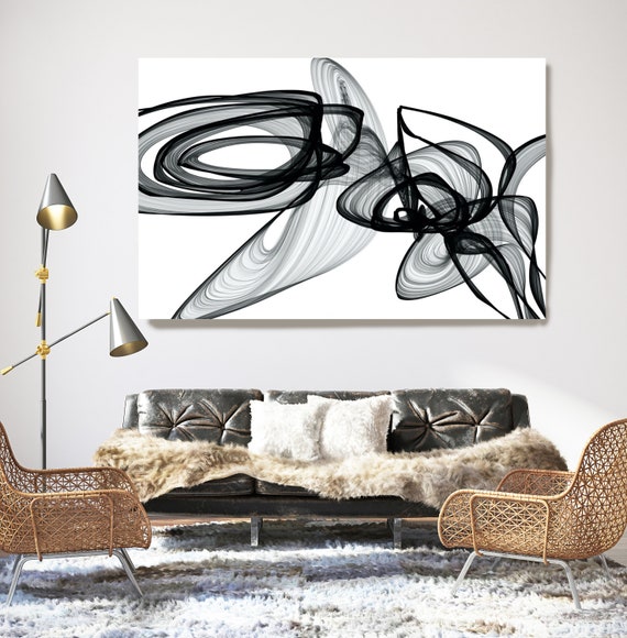 Surveillance. 45H x 60W inch, Innovative ORIGINAL New Media Abstract Black And White Painting on Canvas Minimalist Art