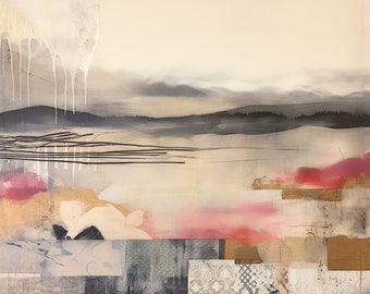 May include: Abstract painting with a layered, textured style. The painting features a landscape with a white cloud, a dark gray mountain range, and a pink and brown foreground. The painting is made with mixed media, including paint, paper, and fabric.