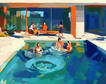 Poolside Paradise 3, Swimming, Summer, Water, Sunny, Pool Painting Expressive Canvas Print, Gift for her, Gift for Him, Pool Hotel Art