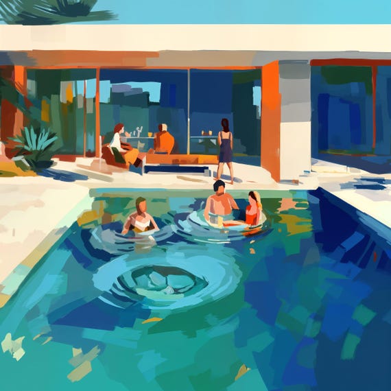 Poolside Paradise 3, Swimming, Summer, Water, Sunny, Pool Painting Expressive Canvas Print, Gift for her, Gift for Him, Pool Hotel Art