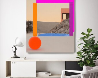 Mid-Century Modern Abstract Wall Art | Architectural Geometric Canvas in Pink, Orange Blue | Contemporary Statement Art