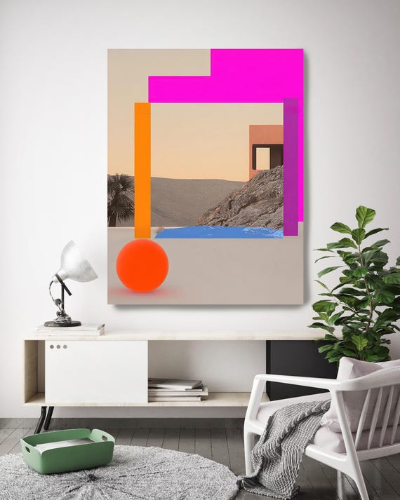 Mid-Century Modern Abstract Wall Art | Architectural Geometric Canvas in Pink, Orange Blue | Contemporary Statement Art