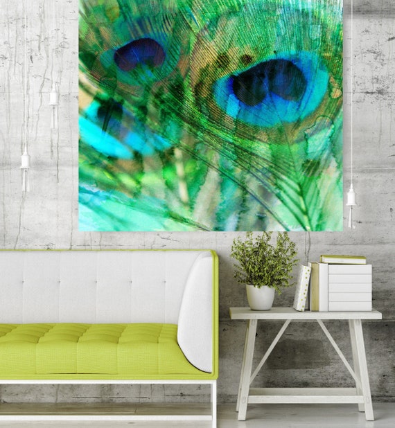 Peacock feather, Green Blue Peacock feather, Large Canvas Wall Art, Peacock feather watercolor painting, Peacock Canvas Print, Peacock