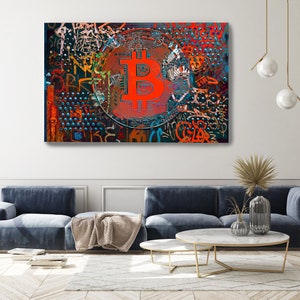 Bitcoin Artwork Blue Red Graffiti Abstract Canvas, Cryptocurrency Bitcoin Graffiti, Art Painting Print on Canvas, Bitcoin Artwork Print