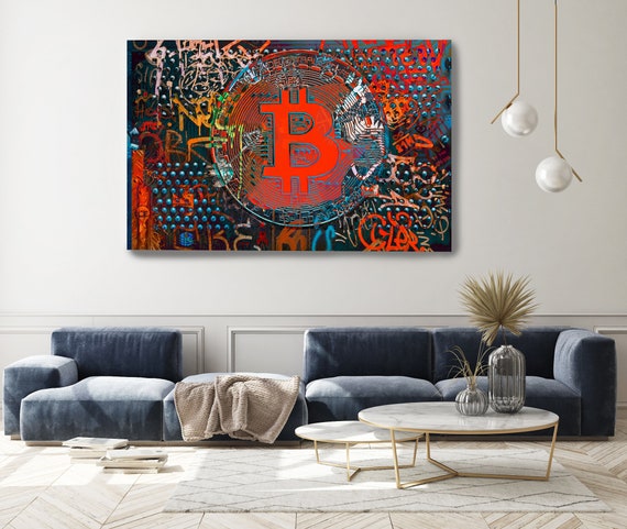 Bitcoin Artwork Blue Red Graffiti Abstract Canvas, Cryptocurrency Bitcoin Graffiti, Art Painting Print on Canvas, Bitcoin Artwork Print