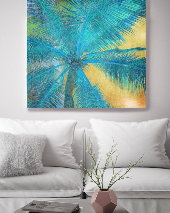 Palm Tree Sunset. Huge Rustic Landscape Painting Canvas Art Print, Extra Large Blue Yellow Canvas Art Print up to 50" by Irena Orlov