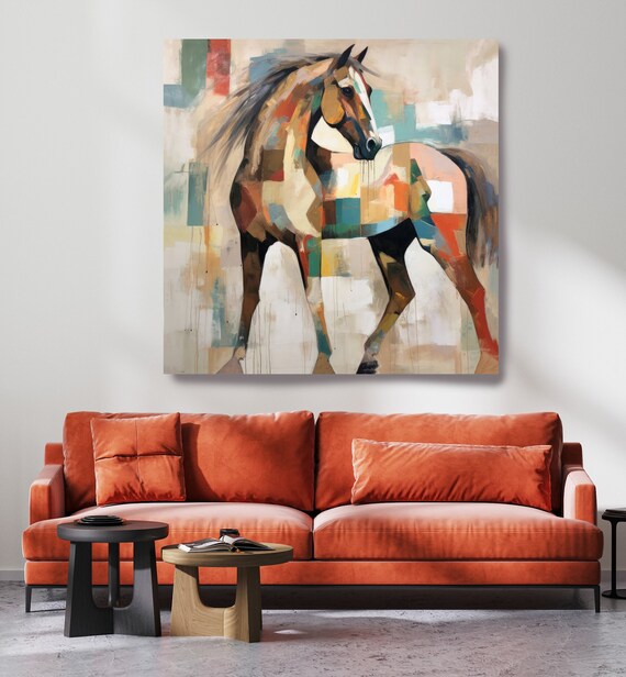 Cliff Color Block Horse Portrait Painting Print, Midcentury Horse Painting Canvas Print Horse canvas Art Equestrian