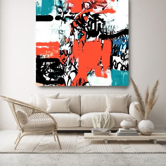 Substantial Research, Red Blue Abstract Painting, Graffiti Art, Modern Wall Decor, Large Canvas Art Print