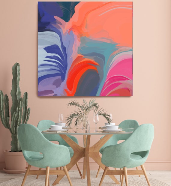 Coral Aqua Abstract Fine Art Canvas Abstract Art, Contemporary Art, Modern Hot Pink Painting, Expressionism Canvas Print, Honeyed Daydream 1