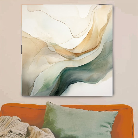 Abstract Green Splash 13, Contemporary watercolor art, Abstract Watercolor Green Orange Painting Print Canvas Print Painting Art