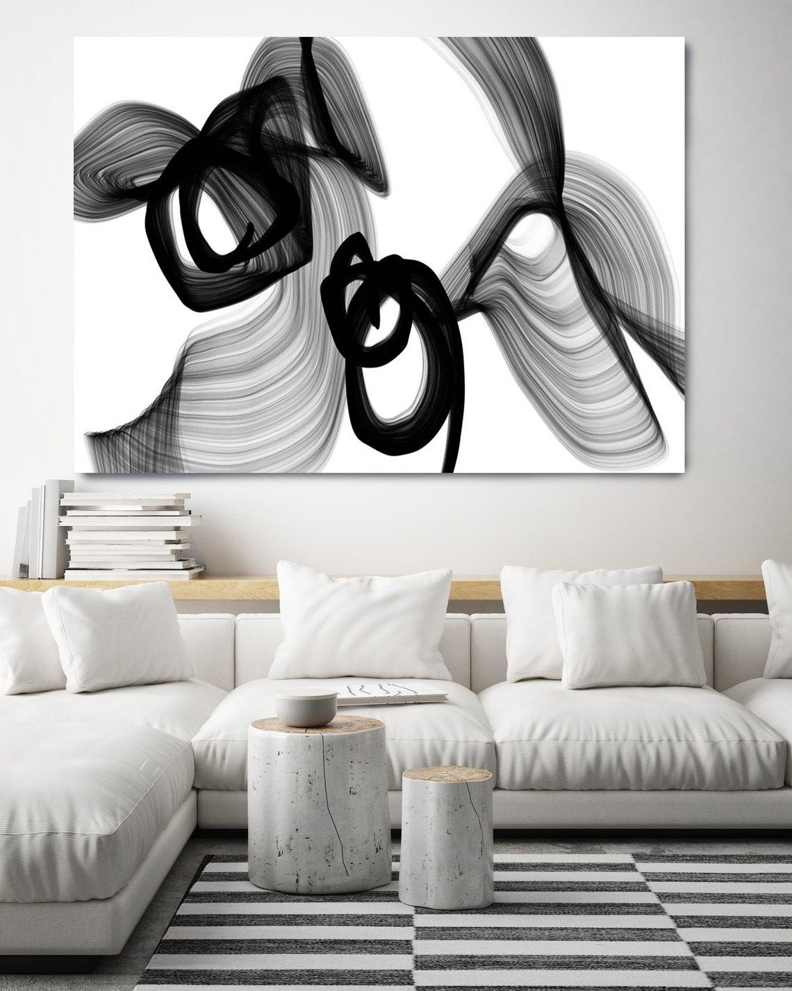 Abstraktes Schwarz-Weiß Wandbild 'Wasserfall' – 50,8x101,6 Cm, Leinwand Auf Keilrahmen, Modernes Wohnzimmer-Deko