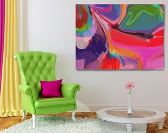 Può includere: Dipinto astratto con colori vorticosi di rosa, rosso, arancione, giallo, verde, blu e viola. Il dipinto è appeso a una parete bianca sopra una poltrona verde con un cuscino rosa.
