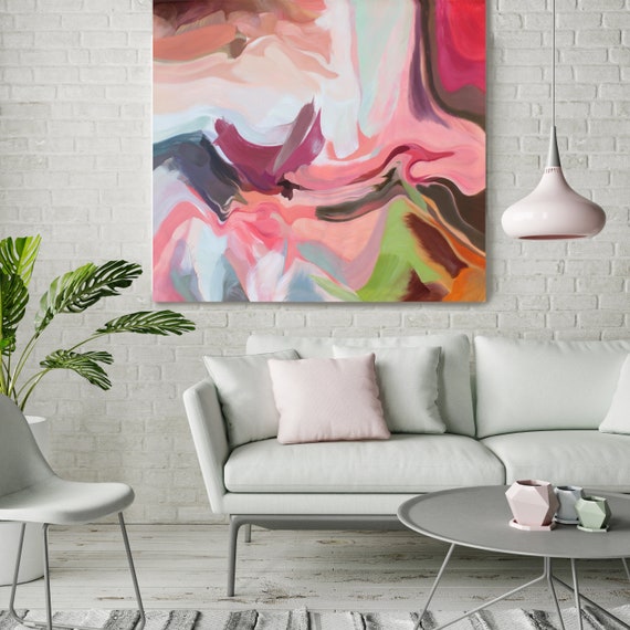 Large Colorful Abstract, Environmental Vibrations 3, Pink Red Green Painting, Abstract Art Canvas Print, Contemporary Art up to 50"