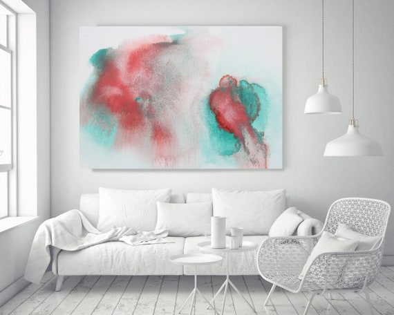 Turquoise Red Watercolor abstract splash 2. Watercolor Green Red Watercolor Painting Print Canvas Art Print up to 72" by Irena Orlov