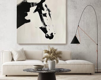 Elegante paardenlijnen-26 canvaskunst, paard schilderij, paard kunst, zwart-wit paard schilderij print, minimalistische paard canvaskunst print