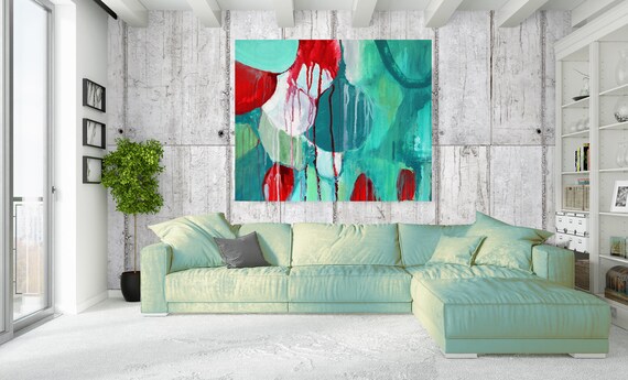 Sensation. Geometrical Abstract Art, Wall Decor, Extra Large Green Abstract Colorful Contemporary Canvas Art Print up to 48" by Irena Orlov