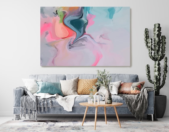 Art Abstract Painting, Blue Pink Gray Abstract Painting, Contemporary Art, Hand Painted, Extra Large Canvas Print, Abstract Colorful Flows