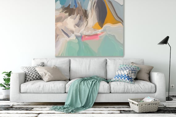 Large Colorful Abstract, Environmental Vibrations 71, Aqua Pink Painting, Abstract Art Canvas Print, Contemporary Art up to 50"