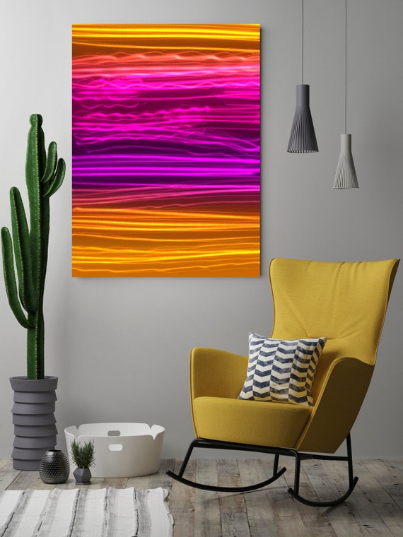 Mysterious Light 25, Neon Purple Orange Contemporary Lines Wall Art, Extra Large New Media Canvas Art Print up to 72" by  Irena Orlov