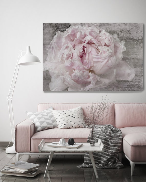 French Peony, Shabby Pink Gray Rustic Peony, Shabby Chic Blush Peony Flower Hand Textured Canvas Art Print up to 72" by Irena Orlov