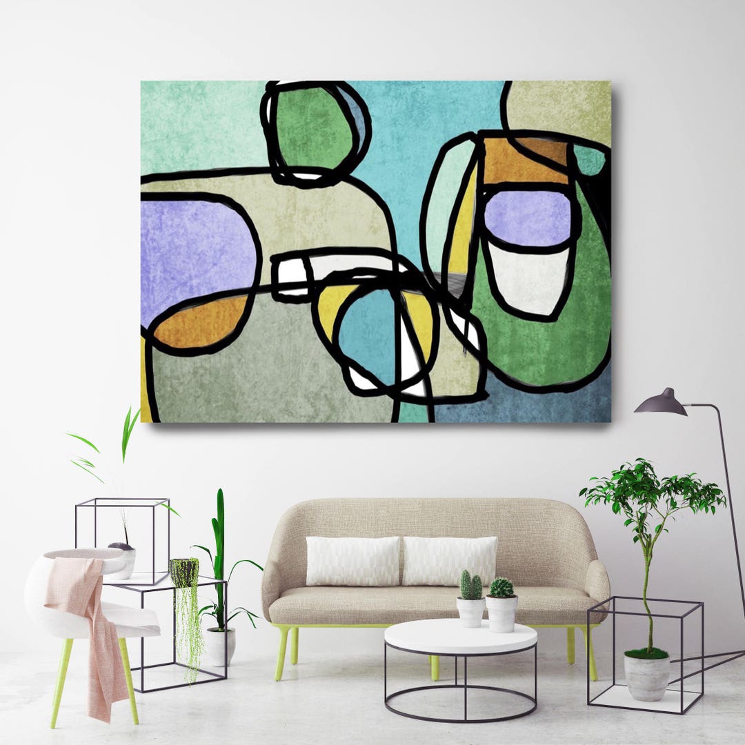 Vibrant Colorful Abstract-56. Mid-century Modern Green Blue Canvas