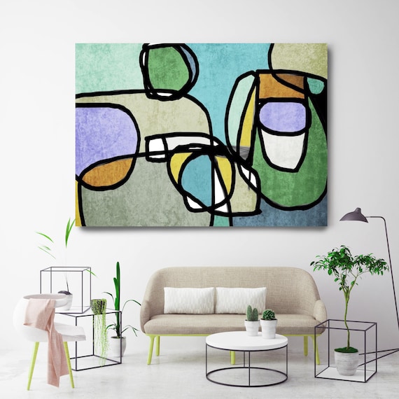 Vibrant Colorful Abstract-56. Mid-Century Modern Green Blue Canvas Art Print, Mid Century Modern Canvas Art Print up to 72" by Irena Orlov