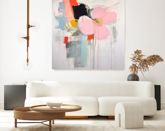 Rosa abstrakt blommig kollektion 5, abstrakt dämpad blå blommålning på kanvas, stor väggkonst modern blommålning konsttryck