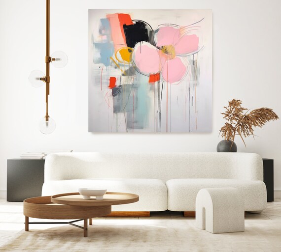 Pink Abstract Floral Collection 5, Abstract Muted Blue Flower Painting Print On Canvas, Large Wall Art Modern Floral Painting Art Print