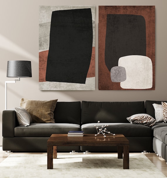 Modern Abstract Wall Art Set of 2,Brown Black Mid Century Modern Art Shapes, Mid Century Modern Canvas Print Abstract Large wall art DIPTYCH