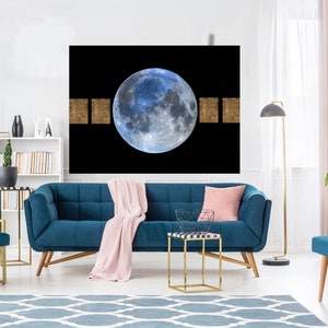 Blue Moon 5 Leinwand Druck | Mond Moderne Kunst | Gold und Schwarz Mond Leinwand Druck | Schlafzimmer Dekor | Planet Wandkunst | Weltall Wandkunst