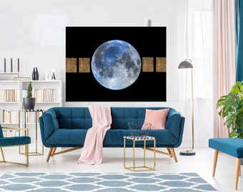 Blue Moon 5 Canvas Print | Moon Modern Art | Gold And Black Moon Canvas Print | Bedroom Decor | Planet Wall Art | Space Wall Art