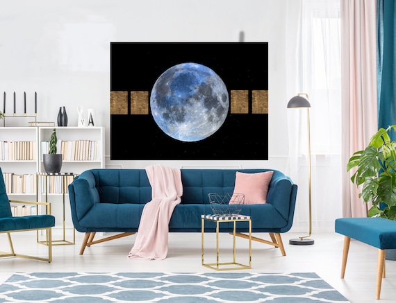 Blue Moon 5 Canvas Print | Moon Modern Art | Gold And Black Moon Canvas Print | Bedroom Decor | Planet Wall Art | Space Wall Art