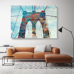 Brooklyn Bridge in Colors 1, Cityscape Art, Urban Art, City Wall Art, Blue Red Brooklyn Bridge New York Wall Art Canvas Art Print