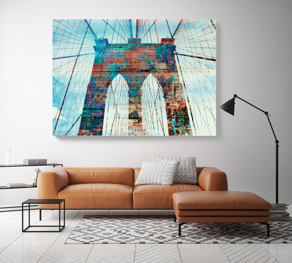 Brooklyn Bridge in Colors 1, Cityscape Art, Urban Art, City Wall Art, Blue Red Brooklyn Bridge New York Wall Art Canvas Art Print