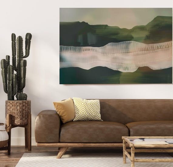 Mossy Mystique-5, Green Beige Contemporary Abstract Painting Print on Canvas, Contemporary Living Room Decor Office Art Textured Abstract