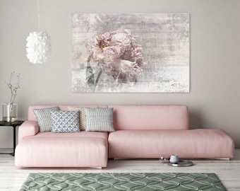 Romantic Peony. Floral Painting Canvas Print, Shabby Chic Rustic Blur Blush Pink Gray Large Canvas Art Print up to 78" Hand Textured Artwork