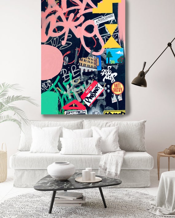 Maximalist Art, Graffiti Wall Art Pink Black Street Art Painting Print on Canvas, Large Canvas Print, Urban Canvas Print, Out of Meaning