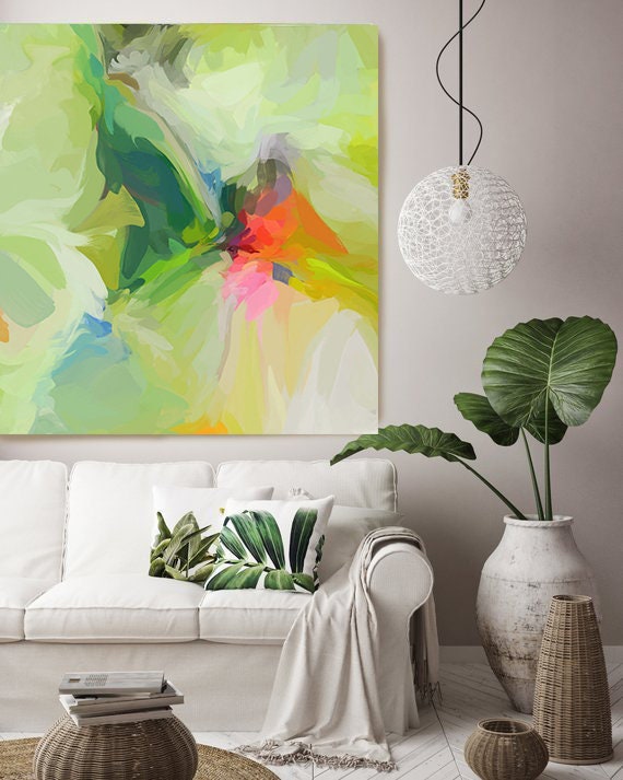 Everlasting Environment 2, Art Abstract Print on Canvas up to 50", Green Pink Abstract Canvas Art Print, Sunny City by Irena Orlov