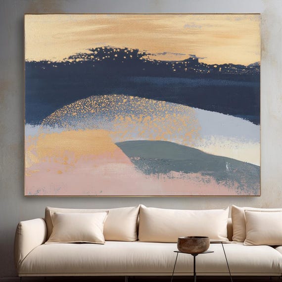 Ecosystem Shapes-1, Blue Gold Abstract Painting Print on Canvas, New Media Art, Contemporary Living Room Decor, Office Wall Art