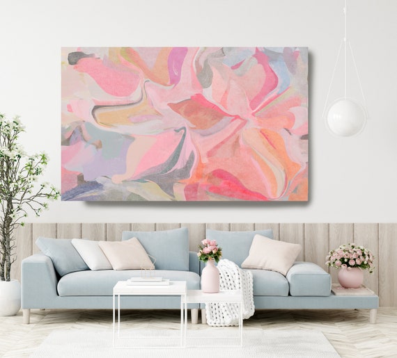 Art Abstract Painting, Blue Pink Blur Abstract Painting, Contemporary Art, Hand Painted, Extra Large Canvas Print, Silence 2.