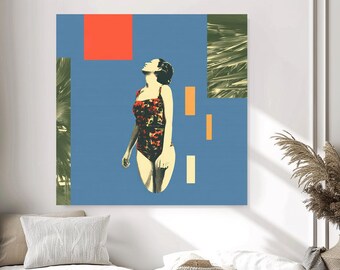 Coastal Modern Figurative Woman Canvas Art, Blue Contemporary Beach House Wall Decor, Elegant Statement Artwork,Breathing the Blue-2