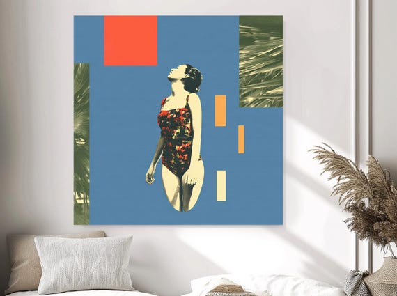 Coastal Modern Figurative Woman Canvas Art, Blue Contemporary Beach House Wall Decor, Elegant Statement Artwork,Breathing the Blue-2