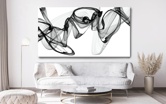 Black white Minimalist Art, Flowing 96W x 54"H Contemporary New Media Abstract Black And White ArtWork on Canvas, BW Contemporary Artwork