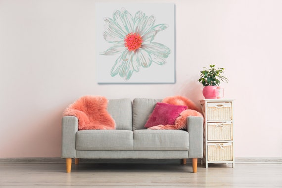 Floral in Coral Floral artwork. Flower Painting Canvas Print Wall Art Home Decor Living Room Wall Decor Texture Acrylic Painting, Coral Blue