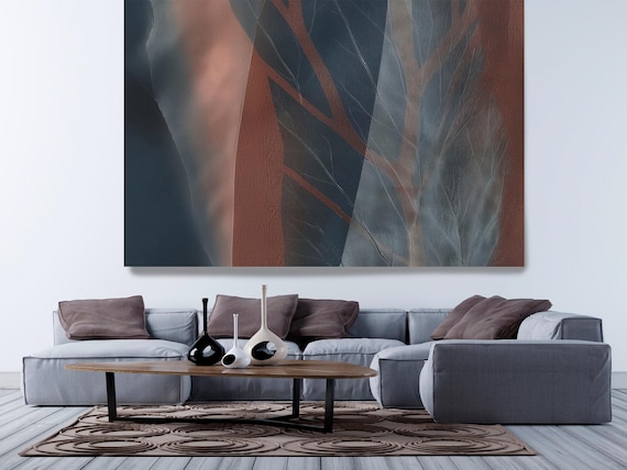 Tawny Tides-6, Blue Brown Contemporary Abstract Painting Print on Canvas, Contemporary Living Room Decor, Office Art, Textured Abstract