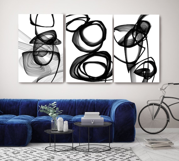 New Media Circles Black White TRIPTYCH canvas art prints-3 panels Stretched Canvas Wall Art, Canvas Art Print, Abstract Black Wall Decor