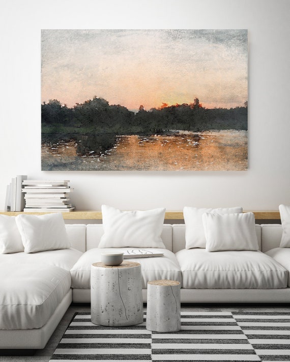 Seascape painting, gold landscape art, coastal watercolor landscape painting Watercolor Canvas Art Print Time Lapse During Sunrise