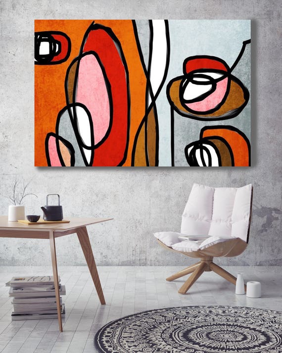 Vibrant Colorful Abstract-0-48. Mid-Century Modern Red Orange Canvas Art Print, Mid Century Modern Canvas Art Print up to 72" by Irena Orlov