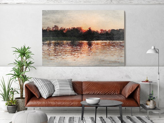 Sunset seascape art, coastal watercolor landscape painting Watercolor Canvas Art Print Sunset painting on canvas, Silence embodies